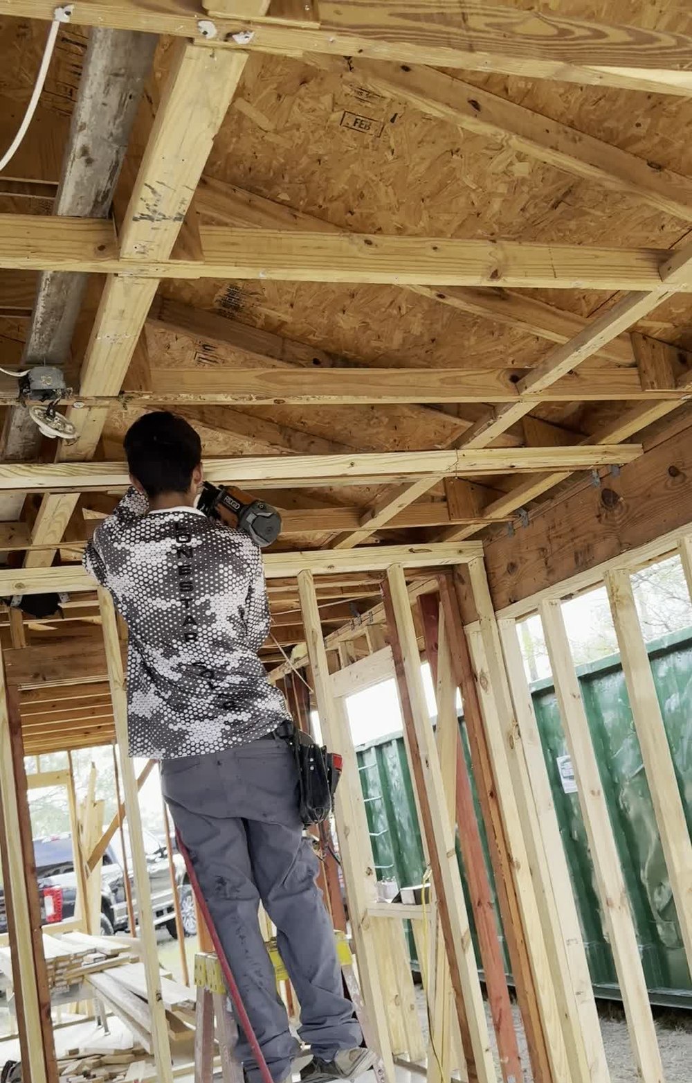 Ceiling joists going in on an interior framing job