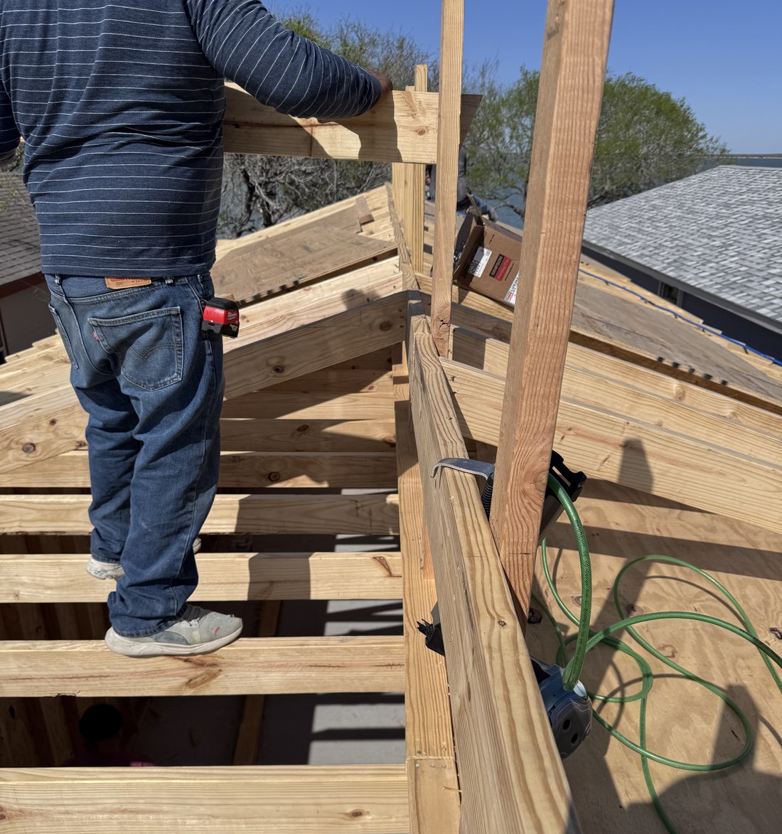 Roof framing on a waterfront build