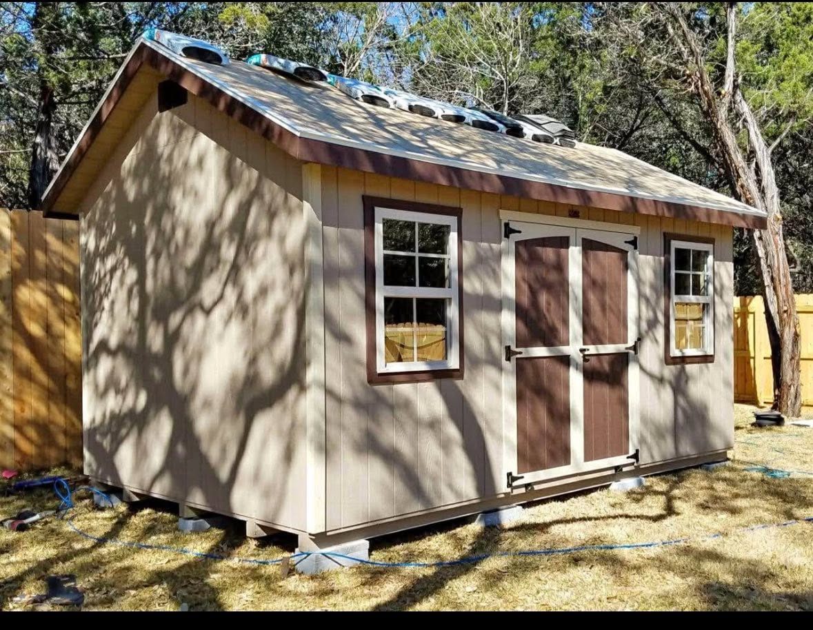 Finished storage shed with metal roof